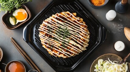 Poster - A top-down view of a sizzling okonomiyaki on a griddle, surrounded by cooking tools and ingredients, emphasizing the fun and creativity of making this dish.