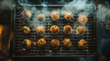 Poster - A top-down view of a sizzling takoyaki grill filled with cooking balls, showcasing the fun and excitement of making this popular Japanese street food.