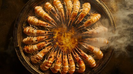 Poster - A top-down view of large grilled prawns arranged in a circle on a platter, with steam rising and a golden-brown char on the prawns shells.