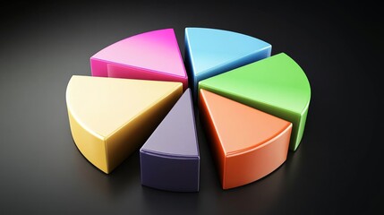 Poster - A vibrant D pie chart showcasing financial data, with glossy slices in various colors, set against a sleek black background, emphasizing data representation.