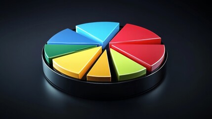 Poster - A vibrant D pie chart showcasing financial data, with glossy slices in various colors, set against a sleek black background, emphasizing data representation.