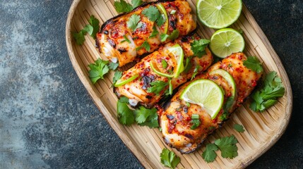 Poster - A vibrant presentation of Korean spicy squid served on a bamboo plate, garnished with slices of lime and fresh cilantro, creating an appetizing and inviting look.