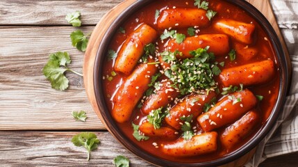 Poster - A vibrant presentation of tteokbokki served in a traditional dish, garnished with cilantro and chili flakes, creating an appetizing and inviting look for this Korean favorite.
