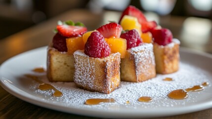 Poster - A whimsical presentation of mini honey toast bites served on a plate, topped with colorful fruit and a dusting of powdered sugar for a fun dessert option.
