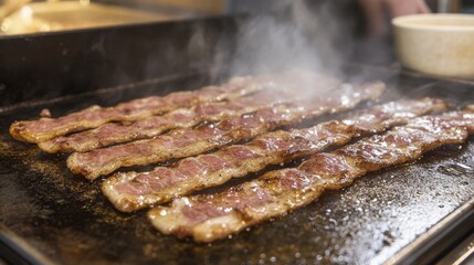 Poster - Bacon strips frying in their own fat on a griddle, with a close-up view of the sizzling edges and bubbling grease.