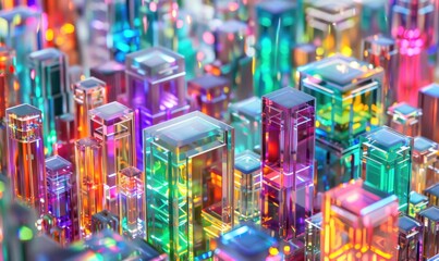 Poster - Colorful Glass Cityscape, Futuristic Architecture, Abstract Background, Digital Art, Tech Concept