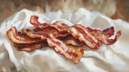 Poster - Crispy bacon slices resting on a white napkin, with the marbled fat and golden edges catching the light, ready to eat.