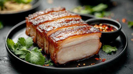 Poster - Crispy, caramelized pork belly fried with fish sauce, served on a sleek black plate, surrounded by fresh green herbs and a small dipping bowl of spicy sauce.