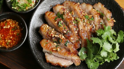 Poster - Crispy, caramelized pork belly fried with fish sauce, served on a sleek black plate, surrounded by fresh green herbs and a small dipping bowl of spicy sauce.