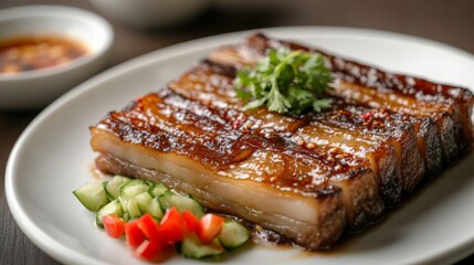 Poster - Crispy, golden-brown slices of pork belly glistening with fish sauce, served on a white plate alongside a garnish of fresh herbs and sliced vegetables.