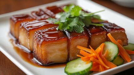 Poster - Crispy, golden-brown slices of pork belly glistening with fish sauce, served on a white plate alongside a garnish of fresh herbs and sliced vegetables.