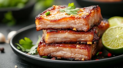 Poster - Golden, crispy pork belly pieces fried to perfection, stacked on a traditional Thai plate, with fresh lime, coriander, and garlic as garnish.