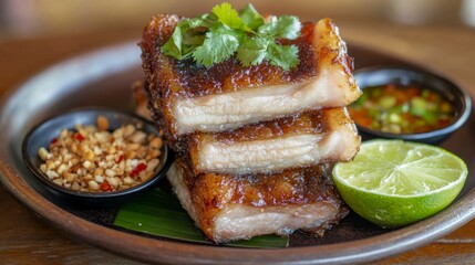 Poster - Golden, crispy pork belly pieces fried to perfection, stacked on a traditional Thai plate, with fresh lime, coriander, and garlic as garnish.
