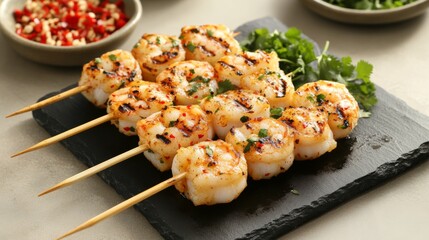 Poster - Grilled prawns served on a dark stone plate, artfully plated with coriander and chili on the side, against a neutral-toned background.