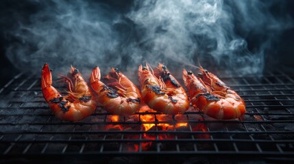 Poster - Grilled prawns with charred shells resting on a cooling rack, smoke rising as the heat from the grill still lingers.