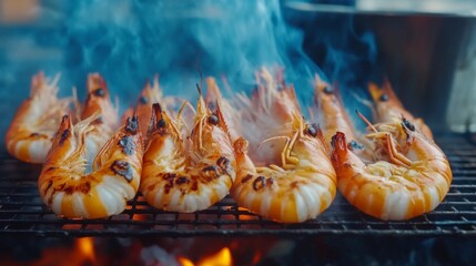 Poster - Grilled prawns with charred shells resting on a cooling rack, smoke rising as the heat from the grill still lingers.