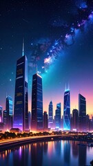 Poster - City Skyline with Starry Night Sky and Visible Milky Way Glow