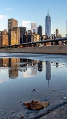 Poster - Stunning City Skyline Reflections on Wet Bridge Surface at Dusk