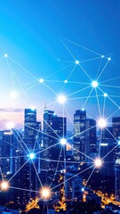 Poster - Urban Skyline at Dusk with Streetlights and Digital Network Glow