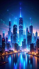 Poster - Ethereal Skyline with Magical Futuristic Lighting Systems at Night