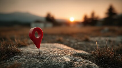 Single red location pin standing on rock in open field during sunset light symbolizing remote destination, exploration, travel planning and solitude in nature