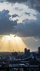 Poster - City Skyline with Sun Breaking Through Storm Clouds at Dusk