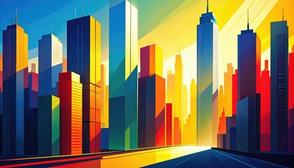 Poster - Vibrant Cityscape at Noon with Strong Shadows and Harsh Sunlight