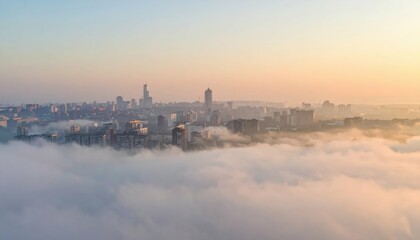 Poster - Mysterious Cityscape in Misty Morning Light with Reduced Visibility