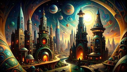 Poster - Dreamlike Cityscape with Distorted Perspectives and Surreal Elements