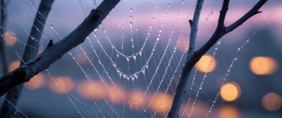 Dew Drops on a Spiderweb at Dusk. A Captivating Glimpse into Natures Beauty.