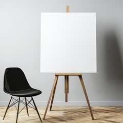 Aufkleber - A blank canvas on a wooden easel stands beside a sleek black chair against a neutral wall and light wood floor