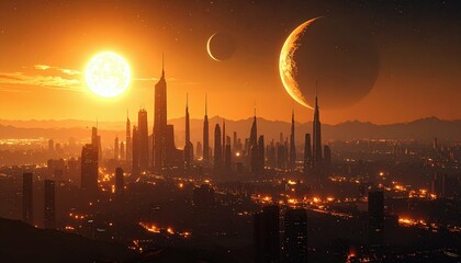 Poster - Futuristic Cityscape with Multiple Celestial Bodies in the Sky