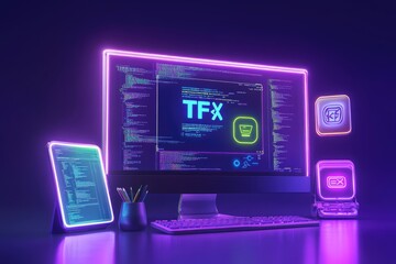 modern tech workspace, coding environment. neon-lit computer monitor with programming code and appli