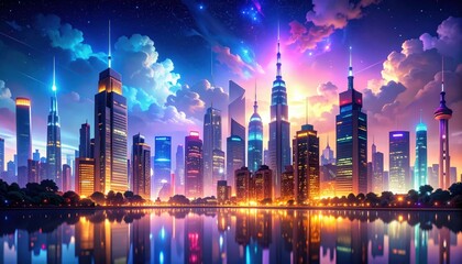 Poster - Stunning Cityscape with Lights Reflecting into Clouds at Dusk