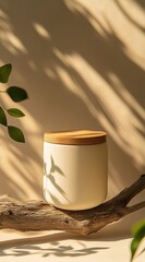 Aufkleber - A cream ceramic jar with a light wood lid rests on a driftwood branch against a beige backdrop, dappled with leaf shadows from sunlight