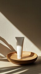 Aufkleber - A minimalist photo of a white tube of cream or lotion displayed on a light wooden tray, bathed in warm sunlight casting dramatic shadows on a beige wall