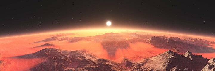 Wall Mural - Alien landscape, fantastic mountains on an alien surface, star rising in the fog of an alien landscape, 3D rendering