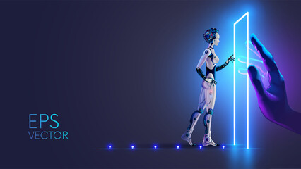 Leinwandbilder - Higher intelligence opens the door to artificial intelligence in form of female cyborg. Great opportunities open up for artificial intelligence. Cyborg with AI enters futuristic door. AI technologies.