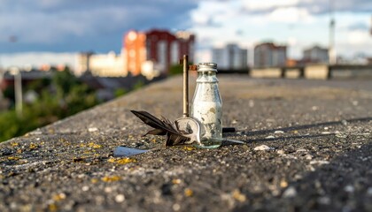 Poster - Discarded Bottle and Lost Key on Rooftop with Urban Background