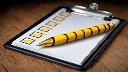 Poster - Yellow pen sits on top of a checklist. The pen is in the middle of the page and the checklist is on the left side of the page