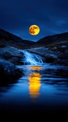 Wall Mural - a large yellow moon is reflected in the water of a river