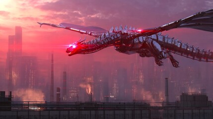 Aufkleber - A futuristic metallic dragon soars through a vibrant sunset sky. The dragon blends technology with fantasy, creating a stunning visual. 