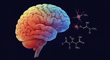 Poster - A brain is shown with a bunch of red dots on it