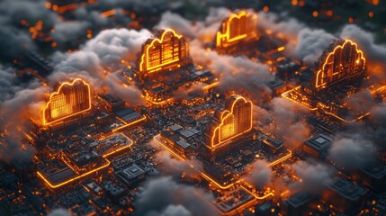 Poster - Cloud Computing: Neon Cityscape of Data Centers