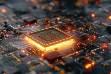 Fototapete - Glowing CPU on Circuit Board, Technology Abstract