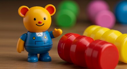 Poster - A small toy bear is standing next to a pile of colorful plastic balls