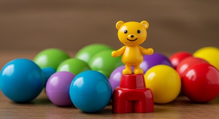 Aufkleber - A yellow teddy bear stands on top of a pile of colorful balls