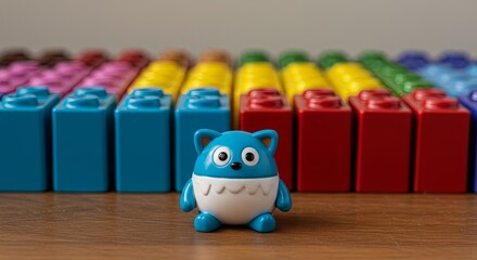Poster - A blue toy cat is standing in front of a pile of colorful blocks