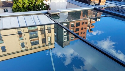 Poster - Rooftop Reflections in Glass Surface Creating Distorted Surroundings View