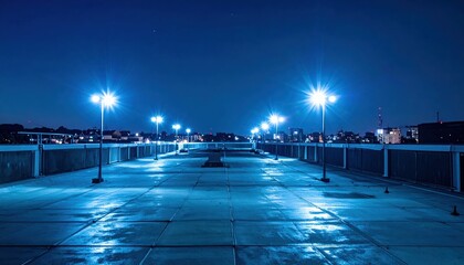 Poster - Tranquil Rooftop Scene with Blue Streetlights on Clear Night Sky